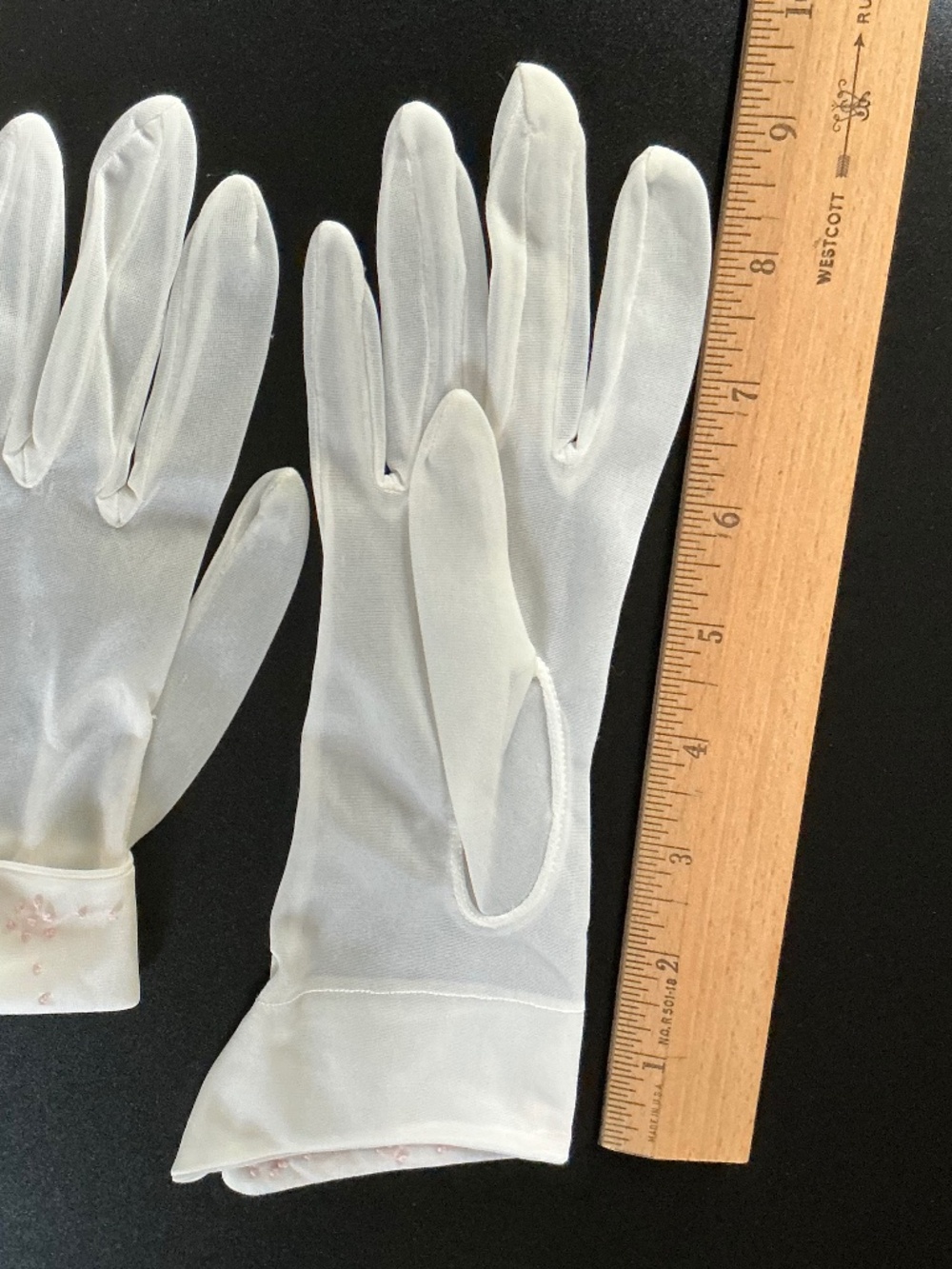 Vintage Ivory Organza Gloves Formal Wedding Bridal Prom Pink Accents - Picture 7 of 14